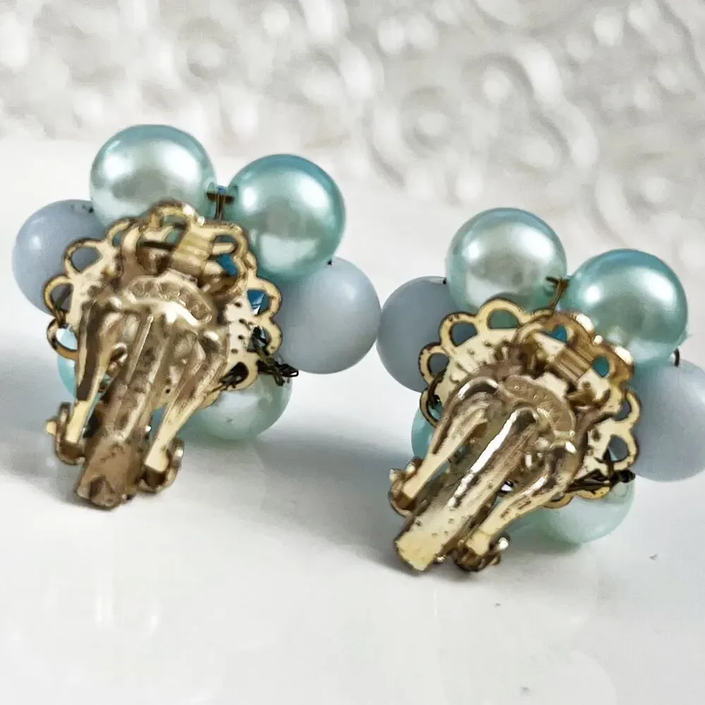 Vintage Mid-Century JAPAN Blue Beaded Cluster Clip Earrings